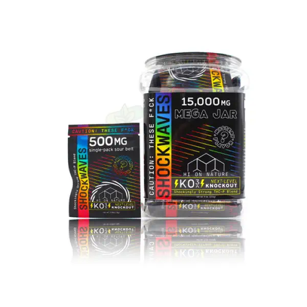 Hi On Nature Shockwaves KO3 gummies 15000mg mega jar available at Exotic Smoke And Vape in McKinney TX