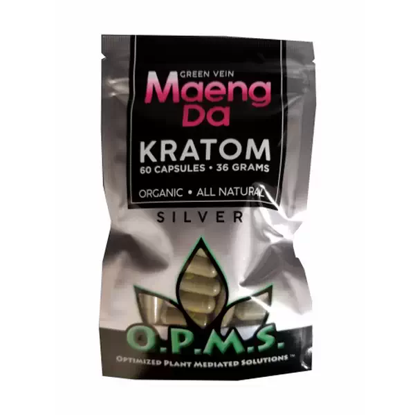OPMS Silver Kratom 36grams 60 capsules bag available at Exotic Smoke And Vape in McKinney TX